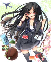  aircraft airplane bad_id bad_pixiv_id ball basketball_(object) black_hair black_skirt brown_eyes camera female formal glasses long_hair miniskirt pleated_skirt rikunabi_next rikunabi_next_miho-san sakuragi_ren skirt skirt_suit smile solo striped_clothes striped_skirt suit thighhighs zettai_ryouiki 