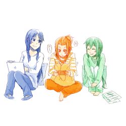  3girls akiyama_mio alternate_hairstyle bad_id bad_pixiv_id blush bonjin casual closed_eyes computer earphones handheld_game_console k-on! laptop monochrome multiple_girls nakano_azusa paper pen pillow playstation_portable ponytail smile tainaka_ritsu 