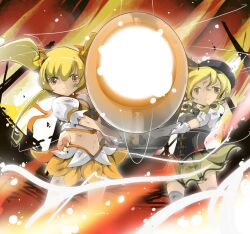  2girls aiming aiming_at_viewer bad_id bad_pixiv_id beret blonde_hair bow breasts brooch choker color_connection corset crossover cure_sunshine detached_sleeves drill_hair fingerless_gloves gloves hair_ribbon hat heart heart_brooch heartcatch_precure! jewelry large_breasts long_hair magical_girl mahou_shoujo_madoka_magica mahou_shoujo_madoka_magica_(anime) midriff miniskirt multiple_girls myoudouin_itsuki name_john orange_bow orange_choker pleated_skirt precure red_skirt ribbon skirt striped_clothes striped_skirt thighhighs tiro_finale tomoe_mami tomoe_mami_(magical_girl) twintails wrist_cuffs yellow_eyes 