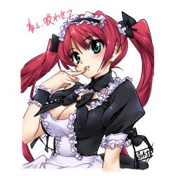  airi_(queen&#039;s_blade) airi_(the_infernal_temptress) blush bow breasts cleavage female finger_to_mouth frills green_eyes hairbow highres long_hair maid maid_headdress medium_breasts queen&#039;s_blade red_hair smile solo takamura_kazuhiro translated twintails wrist_cuffs 