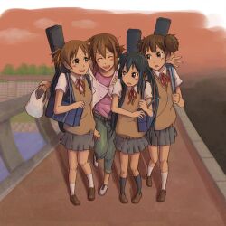  4girls bad_id bad_pixiv_id bag black_hair blush bonjin brown_eyes brown_hair casual closed_eyes guitar_case hair_ornament hairclip hirasawa_ui hirasawa_yui instrument_case k-on! long_hair multiple_girls nakano_azusa ponytail sakuragaoka_high_school_uniform school_uniform smile sunset suzuki_jun twintails 