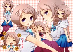  blush braid brown_hair camera commentary_request earl_grey female flower inazuma_eleven_(series) inazuma_eleven_go open_mouth pantyhose purple_eyes purple_legwear school_uniform smile twin_braids yamana_akane 