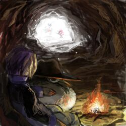  1boy bad_id bad_pixiv_id bird campfire cave endou_yuu fedora fire froslass hat honchkrow paul_(pokemon) pokemon pokemon_(anime) pokemon_(creature) pokemon_dppt_(anime) purple_hair snow weavile 