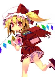  backpack bag blonde_hair blush book clothes_lift commentary_request female flandre_scarlet frilled_skirt frills hat looking_back miniskirt open_mouth panties pink_panties rando_seru randoseru red_eyes red_skirt ribbon running shirt side_ponytail skirt skirt_lift skirt_set solo touhou underwear upskirt wings 