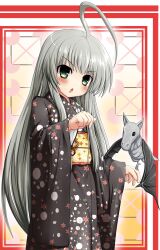  :o ahoge blue_eyes commentary_request female furisode green_eyes grey_hair grey_kimono haiyore!_nyaruko-san highres huge_ahoge japanese_clothes kimono long_hair makimaru nyarlathotep_(nyaruko-san) obi partial_commentary photoshop_(medium) sash shantak_(nyaruko-san) solo very_long_hair 