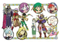  1990s_(style) 5girls 6+boys animal_ears baal_(grandia) boots creature dr._alma_(grandia) feena_(grandia) framed freckles gadwin_(grandia) grandia grandia_i guido_(grandia) hair_ornament hair_over_one_eye hair_tubes headband hontani_toshiaki justin_(grandia) knee_boots leen_(grandia) milda_(grandia) mullen_(grandia) multiple_boys multiple_girls official_art one_eye_closed pointy_ears puui_(grandia) rapp_(grandia) retro_artstyle sue_(grandia) 