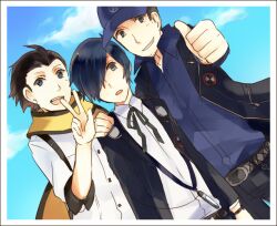  3boys bad_id bad_pixiv_id black_hair blue_eyes blue_hair digital_media_player gekkoukan_high_school_uniform hair_over_one_eye hat headphones iori_junpei male_focus mentaishi mochizuki_ryouji multiple_boys persona persona_3 scarf school_uniform smile suspenders v yuuki_makoto_(persona_3) 