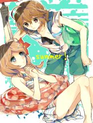  1boy bad_id bad_pixiv_id bikini braid brown_eyes brown_hair female inazuma_eleven inazuma_eleven_(series) inazuma_eleven_go innertube purple_eyes shindou_takuto short_hair swim_ring swimsuit twin_braids wonoco0916 yamana_akane 