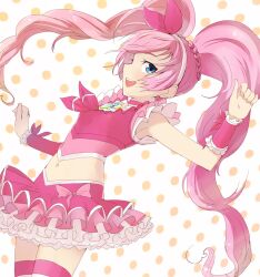  :d ayatori_(sensei_heroism) blue_eyes bow braid brooch choker commentary_request cure_melody dress eyelashes female hair_ribbon hairband happy houjou_hibiki jewelry long_hair magical_girl midriff open_mouth pink_bow pink_choker pink_hair pink_thighhighs pink_wrist_cuffs precure profile ribbon sideways_mouth smile solo suite_precure thighhighs twintails wrist_cuffs zettai_ryouiki 