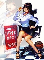  black_skirt breasts brown_eyes brown_hair chair checkered_floor commentary_request feet female glasses high_heels highres hokoodo large_breasts legs long_hair long_legs miniskirt office_chair office_lady panties pencil_skirt photoshop_(medium) red-framed_eyewear rikunabi_next rikunabi_next_miho-san sandals shoes sign sitting skirt swivel_chair teacher thighs toes underwear upskirt white_panties zoom_layer 