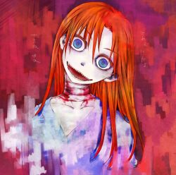  bad_id bad_pixiv_id bandages blood blue_eyes crazy crazy_eyes female head_tilt hong_meiling injury koishi_komeiji&#039;s_heart-throbbing_adventure pale_skin red_hair sharp_teeth solo teeth tmk_(tmk92) touhou translated 