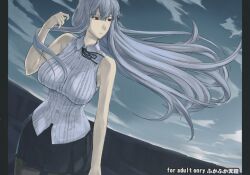  back_cover bare_shoulders breasts cover cover_page doujin_cover english_text engrish_text female fura grey_hair huge_breasts impossible_clothes impossible_shirt long_hair miniskirt non-web_source ranguage red_eyes selvaria_bles senjou_no_valkyria_(series) senjou_no_valkyria_1 shirt skirt solo 