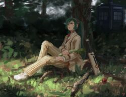  ? ball celery cosplay cricket cricket_(sport) cricket_bat doctor_who doyora faux_traditional_media female fifth_doctor_(doctor_who) fifth_doctor_(doctor_who)_(cosplay) formal green_hair hatsune_miku long_hair no_lineart photoshop_(medium) sitting solo tardis the_doctor tree twintails united_kingdom vocaloid 