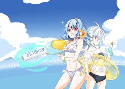  2girls ahoge aqua_hair artist_request bikini bili_girl_22 bili_girl_33 bilibili blue_hair bracelet breasts cleavage cloud day earrings flower frilled_bikini frills hair_flower hair_ornament huge_weapon innertube jewelry medium_breasts multiple_girls navel ocean open_mouth red_eyes side-tie_bikini_bottom sky smile swim_ring swimsuit water_gun weapon 