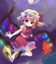  bad_id bad_pixiv_id blonde_hair brown_footwear crystal female flandre_scarlet foot_out_of_frame frilled_skirt frills from_side hat hat_ribbon kedama_milk looking_at_viewer looking_to_the_side mob_cap moonlight oerba_yun_fang open_mouth puffy_short_sleeves puffy_sleeves red_eyes red_ribbon red_skirt red_vest ribbon shirt shoe_soles short_sleeves side_ponytail skirt skirt_set solo touhou vest white_hat white_legwear white_shirt wings 