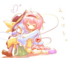  2girls ayakashi_(monkeypanch) blue_hair closed_eyes commentary_request hat heart hug hugging_own_legs komeiji_koishi komeiji_satori multiple_girls pink_hair short_hair siblings sisters sitting smile third_eye touhou wariza 