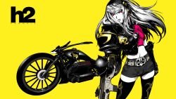  album_cover belt commentary_request cover female gun headphones highres motor_vehicle motorcycle nagimiso navel original pink_eyes prosthesis shorts simple_background solo thighhighs weapon yellow_theme 