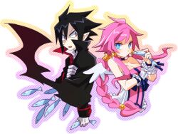  1boy angel_and_devil angry bad_id bad_pixiv_id bat_wings black_hair blue_eyes braid breasts choker cleavage commentary_request disgaea female fish frills gloves hair_tubes long_hair makai_senki_disgaea_4 medium_breasts nuno pink_hair pointy_ears red_eyes sidelocks spiked_hair valvatorez_(disgaea) vulcanus_(disgaea_4) white_gloves wings wrist_cuffs 