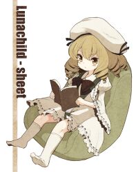  :&lt; blonde_hair book bow bowtie child_safety_seat commentary_request dress drill_hair female hat holding holding_book lolicon luna_child reading ribbon_trim seatbelt short_hair sitting socks solo touhou urin white_dress yellow_eyes 