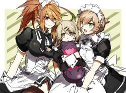  3girls alternate_costume brown_hair commentary elize_lutus elize_lutus_(maid) enmaided gradient_hair green_eyes hairband hug leia_rolando leia_rolando_(maid) looking_at_viewer maid maid_headdress milla_maxwell milla_maxwell_(maid) multicolored_hair multiple_girls official_alternate_costume photoshop_(medium) purple_eyes starshadowmagician tales_of_(series) tales_of_xillia teepo_(tales) 