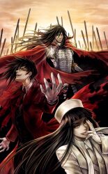  3boys alucard_(hellsing) armor beard black_hair cape coat commentary_request eyelashes facial_hair formal fur_hat genderswap_(mtf) girlycard gloves hat hellsing hellsing:_the_dawn highres long_hair magic_circle male_focus moustache multiple_boys multiple_persona necktie pentagram red_eyes rule_63 smile smirk stubble suit sword tetra_takamine vampire vlad_tepes_(hellsing) waistcoat weapon white_gloves 