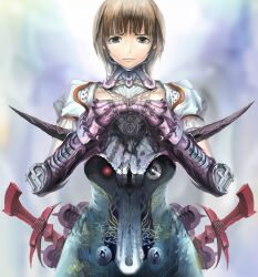  armor armored_dress black_eyes brown_hair character_request commentary_request copyright_request female gauntlets looking_at_viewer painttool_sai_(medium) sad shijima_(tanfn) solo sword weapon 