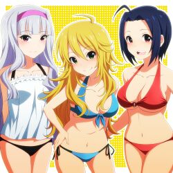  3girls ahoge bare_shoulders bikini blonde_hair blue_hair blush breasts cleavage commentary_request front-tie_top green_eyes grey_hair hairband halterneck hand_on_own_hip hoshii_miki idolmaster idolmaster_(classic) laco_soregashi large_breasts long_hair midriff miura_azusa multiple_girls navel o-ring o-ring_top open_mouth photoshop_(medium) pink_eyes red_eyes shijou_takane short_hair side-tie_bikini_bottom smile swimsuit underboob 