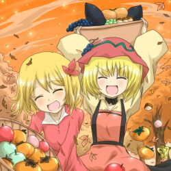  2girls :d aki_minoriko aki_shizuha apple autumn_leaves basket blonde_hair chestnut closed_eyes commentary_request dress food fruit grapes hair_ornament happy hat leaf leaf_hair_ornament leaf_on_head maple_leaf multiple_girls nobamo_pieruda open_mouth persimmon short_hair siblings sisters smile sweet_potato touhou tree v-shaped_eyebrows 