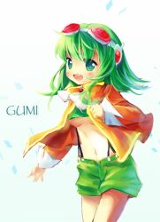  bad_id bad_pixiv_id breasts female goggles goggles_on_head green_eyes green_hair green_shorts gumi gumi_(v3_megpoid) headphones jacket medium_breasts midriff navel pf photoshop_(medium) short_hair shorts smile solo suspenders underboob vocaloid 