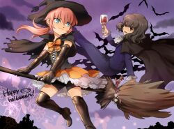  2boys ascot bad_id bad_pixiv_id bat_(animal) bike_shorts blue_eyes boots bow broom broom_riding brown_eyes brown_hair bug butterfly cape crossdressing cup drinking_glass elbow_gloves formal gloves halloween happy_halloween hat inazuma_eleven_(series) inazuma_eleven_go kirino_ranmaru long_hair male_focus miniskirt mizuhara_aki multiple_boys orange_skirt otoko_no_ko petticoat pink_hair shindou_takuto short_hair skirt smile suit thigh_boots thighhighs too_many too_many_bats twintails wine_glass witch witch_hat 