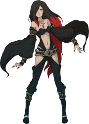  bare_hips bare_shoulders belt blue_eyes concept_art crow_(gravity_daze) detached_sleeves female full_body gravity_daze hair_over_one_eye highres long_hair multicolored_hair nail_polish navel official_art saitou_shunsuke transparent_background two-tone_hair wristband 