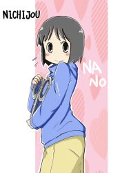  bad_id bad_pixiv_id black_eyes black_hair character_name copyright_name dress female holding long_sleeves looking_at_viewer nichijou shinonome_nano short_hair smile solo standing sweatdrop winding_key zubatto_(makoto) 