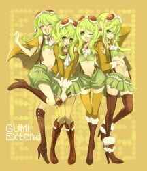  4girls boots breasts clone commentary_request frilled_skirt frills goggles goggles_on_head green_eyes green_hair green_skirt gumi gumi_(v3_megpoid) headphones jacket manbou_no_ane microphone microskirt midriff miniskirt multiple_girls navel one_eye_closed open_mouth painttool_sai_(medium) pantyhose pleated_skirt short_hair shorts skirt small_breasts smile socks suspender_skirt suspenders thighhighs underboob vocaloid yellow_legwear zettai_ryouiki 