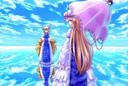  2girls blonde_hair blue_eyes blue_sky cloud commentary_request day dress fox_tail hat highres long_hair looking_back md5_mismatch multiple_girls multiple_tails parasol reflection short_hair sky smile tabard tail touhou umbrella walking walking_on_liquid wasabichan water white_dress yakumo_ran yakumo_yukari yellow_eyes 