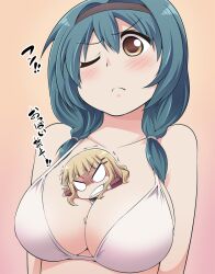  2girls ;( angry bad_id bad_pixiv_id between_breasts bikini bikini_top_only blunt_bangs breasts brown_eyes chibi frown furutani_himawari green_hair hair_ornament hairband hairclip large_breasts mini_person minigirl multiple_girls one_eye_closed oomuro_sakurako person_between_breasts serebi_ryousangata swimsuit translated twintails yuri yuru_yuri 