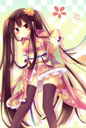  amane_kurumi black_hair black_thighhighs blush commentary_request female flower frills hair_flower hair_ornament japanese_clothes kimono kimono_skirt long_hair looking_at_viewer original solo standing thighhighs very_long_hair zettai_ryouiki 