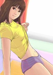  arm_support bad_id bad_pixiv_id brown_hair clothes_lift female looking_at_viewer lowres navel original panties shirt_lift solo striped_clothes striped_panties tondabayashi underwear 