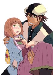  1boy blush brown_eyes brown_hair cabbie_hat carrying chiyomi commentary_request dress facial_hair female green_eyes hat jewelry kaburagi_t._kotetsu mole mole_under_each_eye mole_under_eye multiple_moles necktie orange_hair princess_carry ring scarf scarf_girl_(tiger_&amp;_bunny) short_hair simple_background stubble tiger_&amp;_bunny vest waistcoat wedding_ring white_background 