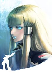  blonde_hair blue_eyes blue_lips commentary_request dianna_soreil eyelashes female gundam hair_tubes highres lips lipstick long_hair makeup nose photoshop_(medium) portrait silhouette solo turn_a_gundam turn_a_gundam_(mobile_suit) yakinasu 