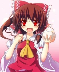  +_+ ascot bad_id bad_pixiv_id bow bowl brown_hair chestnut chopsticks female food hair_ribbon hair_tubes hairbow hakurei_reimu highres open_mouth red_bow red_eyes ribbon rice rice_bowl saliva shefu short_hair smile solo touhou 