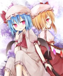  2girls amakaze_sora blonde_hair blue_hair commentary_request flandre_scarlet hat multiple_girls red_eyes remilia_scarlet siblings sisters touhou wings 