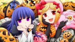  2girls :d bad_id bad_pixiv_id beret blonde_hair blue_eyes blue_hair candy cat_tail elbow_gloves food frederica_bernkastel frills gloves hair_ribbon hat head_rest jack-o&#039;-lantern lambdadelta lollipop long_hair mouth_hold multiple_girls oerba_yun_fang open_mouth photoshop_(medium) pillow pink_hat pumpkin red_eyes ribbon smile tail tail_ornament tail_ribbon umineko_no_naku_koro_ni yoneda_kazusa 