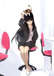  absurdres animal animal_on_head arm_support arm_up bad_id bad_pixiv_id bare_legs black_eyes black_hair black_skirt cat_on_head chair collarbone feline female formal full_body glasses highres jacket jewelry koharu_nosuke long_hair looking_at_viewer miniskirt necklace object_on_head office_chair on_head pencil_skirt red-framed_eyewear rikunabi_next rikunabi_next_miho-san sitting skirt skirt_suit smile solo suit swivel_chair 