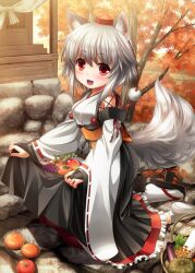  animal_ears apple autumn basket blush bridal_gauntlets commentary_request detached_sleeves eggplant female food frilled_skirt frills fruit geta grapes grey_hair hat inubashiri_momiji kei_kei kneeling long_skirt mushroom open_mouth persimmon red_eyes short_hair skirt skirt_basket skirt_hold smile solo tail tokin_hat touhou tree wolf_ears wolf_tail 