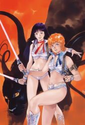  1980s_(style) 2girls animal armlet black_hair black_panther blade boots bracelet breasts choker cleavage crop_top dirty_pair dirty_pair_(novels) feline gloves jewelry kei_(dirty_pair_novels) knee_boots long_hair medium_breasts midriff mughi_(dirty_pair_novels) multiple_girls navel official_art orange_hair retro_artstyle short_hair thigh_strap waterpaint weapon yasuhiko_yoshikazu yuri_(dirty_pair_novels) 