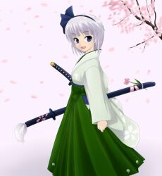  black_hairband blue_eyes cherry_blossoms chikado commentary_request female flower grey_hair hair_ribbon hairband hakama hakama_skirt japanese_clothes katana konpaku_youmu ribbon scabbard sheath sheathed skirt solo sword touhou weapon 