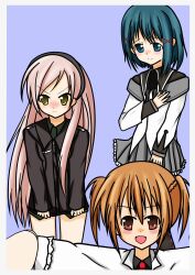  3girls akemi_homura black_hair commentary_request erica_hartmann frown futana_rich highres hyuuga_kizuna mahou_shoujo_madoka_magica mahou_shoujo_madoka_magica_(anime) md5_mismatch multiple_girls ogawa_sakura okuwaka_tsubomi pantyhose pink_hair saitou_chiwa shimizu_ai strawberry_panic! strike_witches tsukidate_chiyo voice_actor_connection world_witches_series 