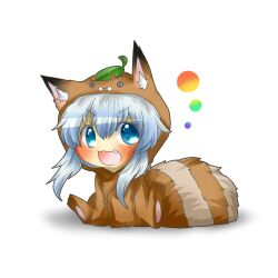  animal_costume animal_ears bad_id bad_pixiv_id blue_eyes blue_hair blush chibi cosplay female futatsuiwa_mamizou futatsuiwa_mamizou_(cosplay) futatsuiwa_mamizou_(tanuki) glasses kamishirasawa_keine leaf leaf_on_head long_hair mini_person minigirl oerba_yun_fang open_mouth pince-nez raccoon_ears raccoon_tail rebecca_(keinelove) sitting solo tail tanuki tanuki_costume touhou 