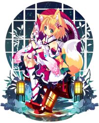  animal_ears blonde_hair commentary_request female flower fox_ears fox_mask fox_tail geta green_eyes hair_flower hair_ornament japanese_clothes lantern mask original photoshop_(medium) platform_footwear shirokitsune shiroro sitting solo tabi tail umbrella water wooden_lantern 