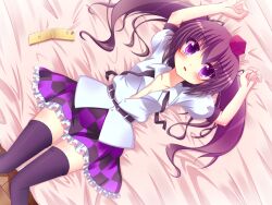  arms_up bad_id bad_pixiv_id black_thighhighs blush brown_hair cellphone checkered_clothes checkered_skirt female frilled_skirt frills hat highres himekaidou_hatate lying miniskirt no_bra on_back on_bed open_clothes open_mouth open_shirt phone purple_eyes purple_skirt shefu shirt skirt solo thighhighs tokin_hat touhou twintails 